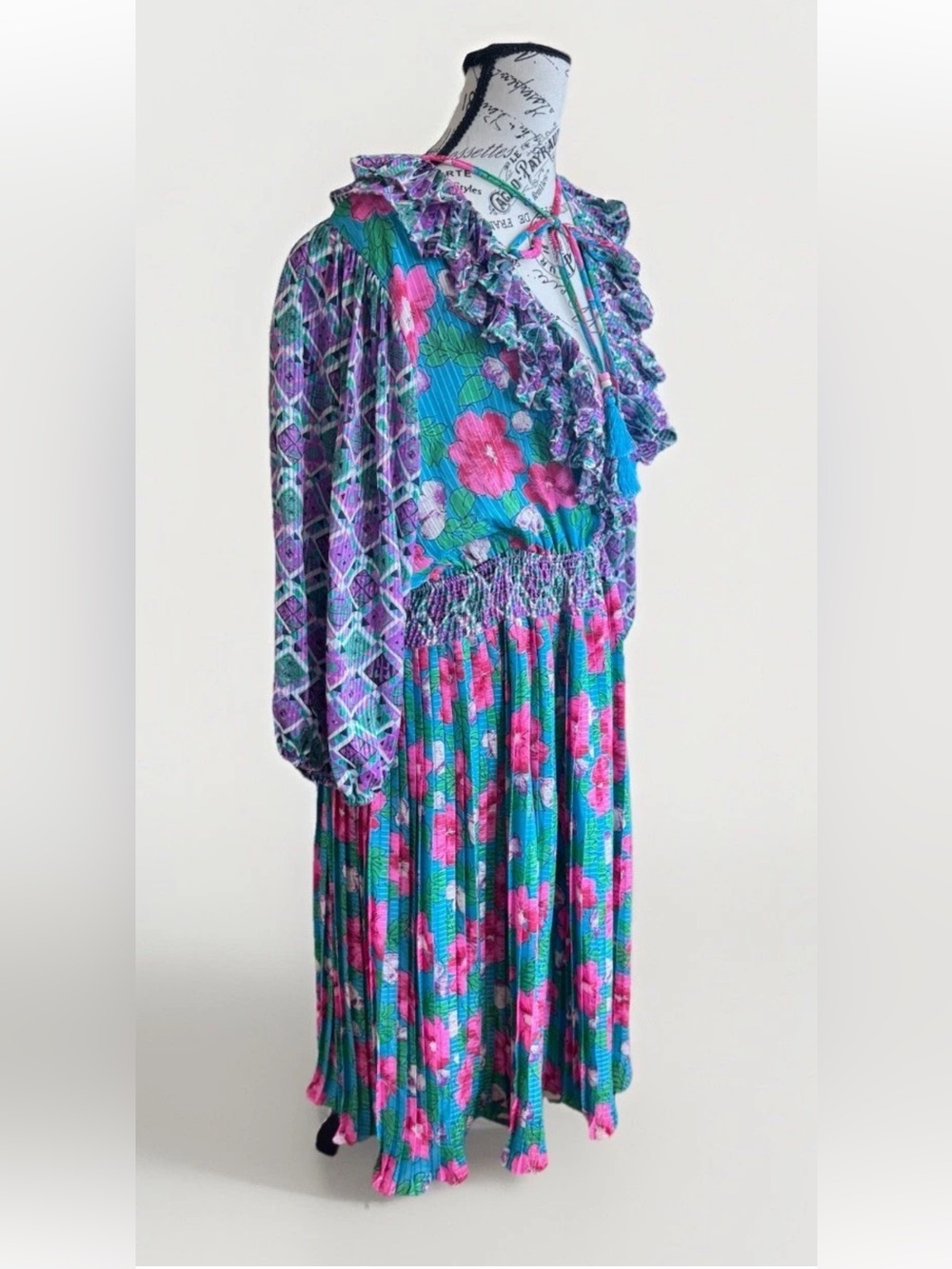 Vintage 80s Diane Freis Floral Pleated Maxi Dress Balloon Sleeve Boho Dress - Picture 5 of 13
